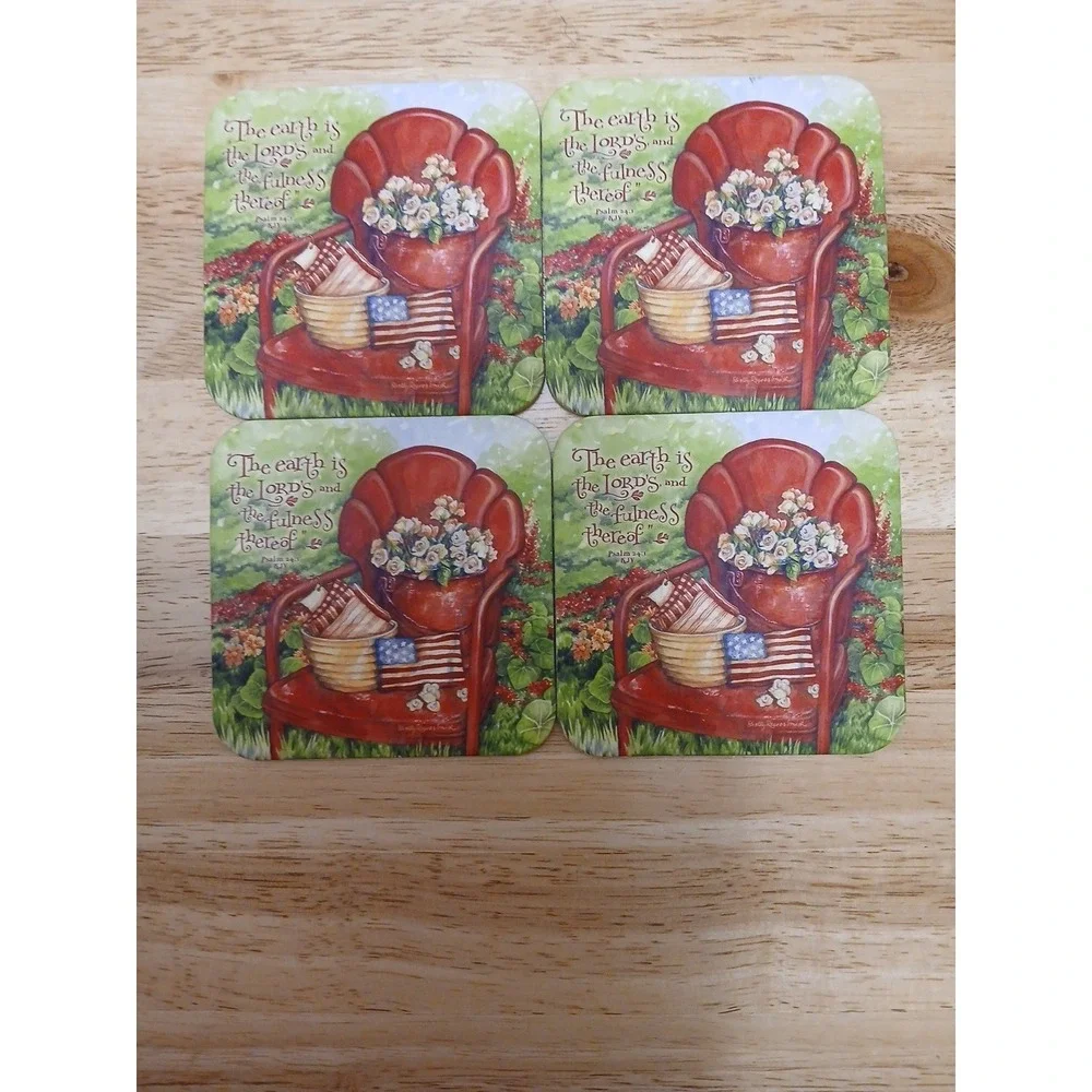 Drink Coasters Set of 4 Cork Backing Beverage Coaster Religious Psalm 24:1